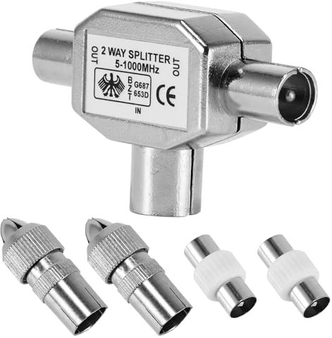 EASONGEE 2 Way TV Aerial Splitter, Digital Signal Antenna Splitter TV Coax Splitter with 2x Female and Male TV Aerial Adapter, Metal Housing TV Aerial Connector Digital Aerial Splitters