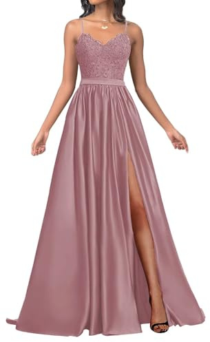 Infuness Damen Satin Ballkleider Lang Spaghetti Straps Lace Appliques Ballkleider mit Schlitz