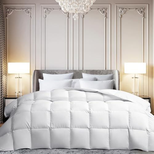 Martha Stewart White Goose Feather Down Fiber Comforter Twin Size- All Season Duvet Insert, Noiseless Fabric with 38oz Filled Luxury Cloud Fluffy Bed Comforter with 8 Corner Loops, White 68x90inch