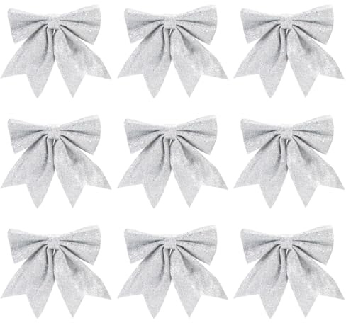 Sprinlot Schleifen Weihnachtsbaum Silber, 9pcs Schleife Weihnachten, Geschenkschleifen Weihnachten, Christmas Bows, Silber Weihnachtsschleifen Outdoor, Schleifen für Weihnachtsbaum Decoration
