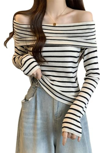 EMOTTOS Sexy gestreifte gestrickte Tops, Slim Fit Women's One-Shoulder Ribbed Long Sleeve, Trägerlose gestreifte Color Blocking Shirts für Frauen, Female Sexy Clubwear Top, Einheitsgröße für alle