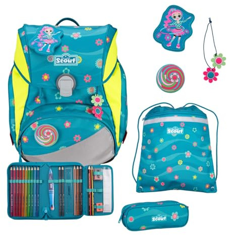 SCOUT Alpha Schulrucksack-Set 4-teilig, Softer Schulrucksack für die Grundschule 1. bis 4. Klasse – geräumig, sicher & ergonomisch, höhenverstellbar, ca. 20 l Volumen (Little Flowers)