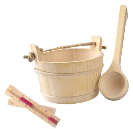 Dualoai Cubo Y Cucharón de Madera para Sauna con Reloj de Arena de 15 Minutos, Versátil, Gran Capacidad de 4L, para Baño en Casa, Sala de Sauna, Baño SPA