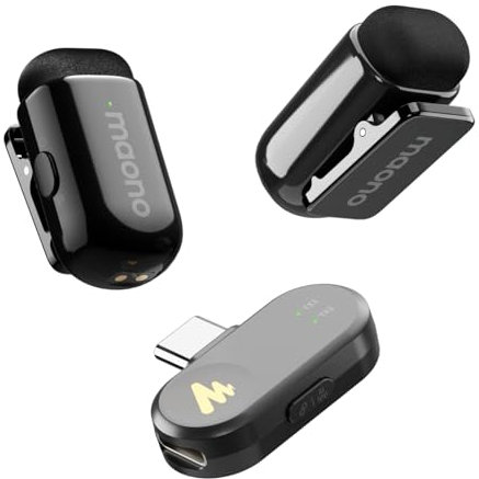 MAONO Wave T1 Mini Microfono Lavalier Wireless per iPhone 16 15, Android, Tablet, PC, Microfono Clip-on USB-C, Cancellazione Rumore, Filtro AI per Video, Vlog, TikTok, YouTube