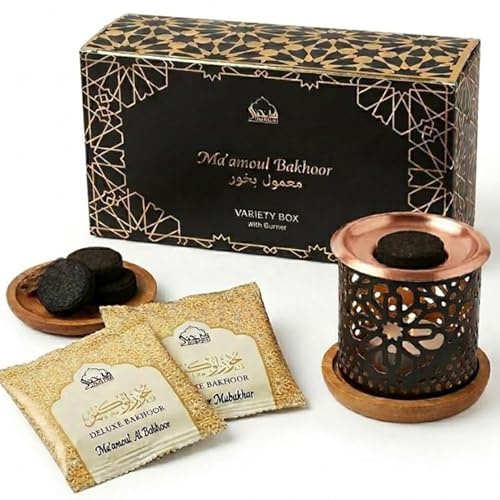 Dukhni Maamoul Bakhoor Variety Box & Burner | Oud Bakoor Incense Gift Set | 10pc Oudh Bakhoor Burner Set | Agarwood Incense, Smokeless Incense for Prayer, Relaxation & Islamic Gifts for Women & Men
