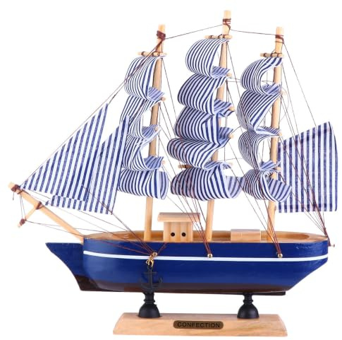 Holzschiffsmodell Segelboot 24cm Dekoration für Heim und Schreibtisch | Blaue Ausführung, Dekorativ für Nautische Anlässe, Geeignet für Gäste und Kinder