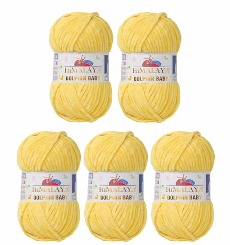 5 x Himalaya Dolphin Baby Wolle Garn Baumwolle Strickwolle zum Stricken häkeln super Bulky Chenille Garn Wolle Strickgarn 100g 120m Polyester Elomnia (5x-A1-80313 Gelb)