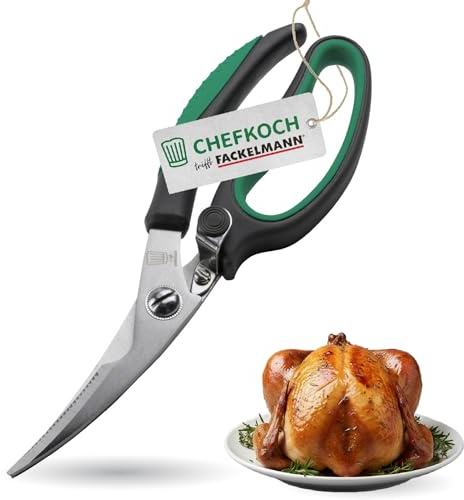 Chefkoch trifft Fackelmann Geflügelschere aus Edelstahl – 23,5x7,5x2,5 cm – Ergonomischer Anti-Rutsch Griff in Grau/Grün – Mit Verschlussmechanik für sicheres Aufbewahren