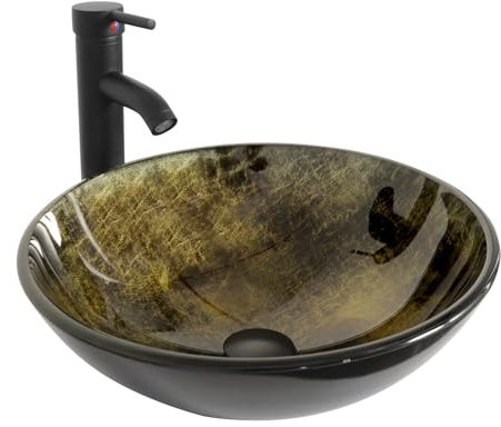 YU YUSING Lavabo Vasque à Poser Rond en Verre avec Ensemble de Robinets, Lave-Mains, pour Salle de Bain, Cuisine, WC d'invités, Doré Rond Moderne, 42 x 42 x 14 cm