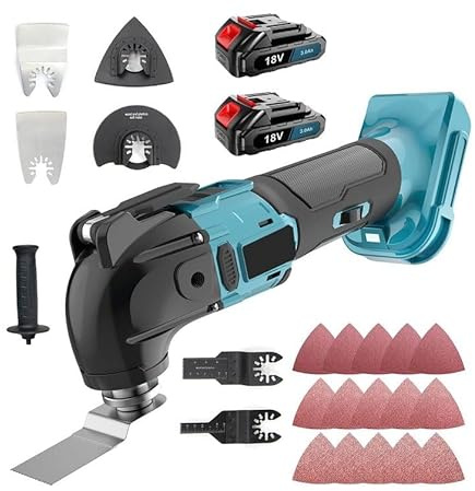 Akku-Multifunktionswerkzeug,Kabelloses Oszillierendes Werkzeug-Set (2 * 3000mah Akkus),6 Geschwindigkeit 8000-20500 RPM, mit 22 Zubehör,zum Schneiden, Polieren, Sägen,Passend für Makita 18V Akku