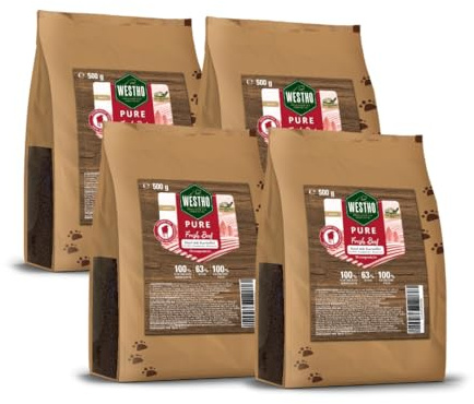 WESTHO Trockenfutter Pure Rind & Kartoffel 4x500 g, getreidefrei | Sensitiv & auch bei Unverträglichkeiten geeignet, in Lebensmittelqualität – für alle Rassen