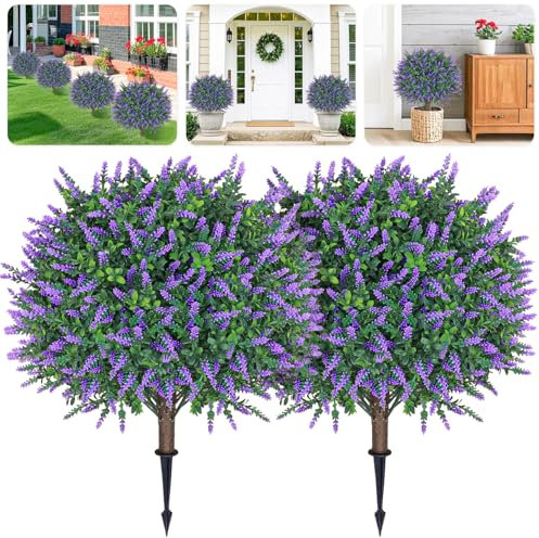 FUHSY Artificial Boxwood Topiary Ball with Lavender 25.5 Set of 2 Topiary Trees Plants Artificial Outdoor Indoor UV Resistance Fake Shrubs with Ground Spike Fake Bush for Front Door Porch Garden
