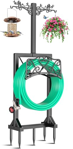 ODSNANIE 160CM Gartenschlauchhalter Freistehend mit 2 Vogelstatuen Haken | Wasserschlauchhalter Mit 5 Spikes,hält 45 m Schlauch,Abnehmbarer Schlauchständer,Schwarz Für Außenbereich Hof Rasenplatz