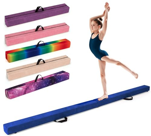 GYMAX Schwebebalken, klappbarer Gymnastikbalken mit rutschfestem Boden, Kiefernholzrahme & Tragegriff, Bodenbalken fur Training & Turneh (Blau, 240 cm)