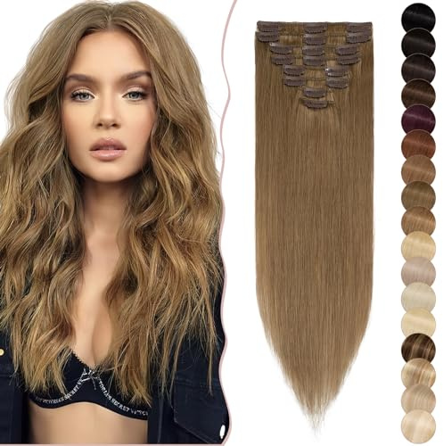 SEGO Clip in Extensions Echthaar Haarverlängerung Haarteile 8 Teiliges SET Haarteil 100% Menschliches Remy Human Haar Weiche Seidige dünn glatt 14(35cm)-60g Hellbraun#6