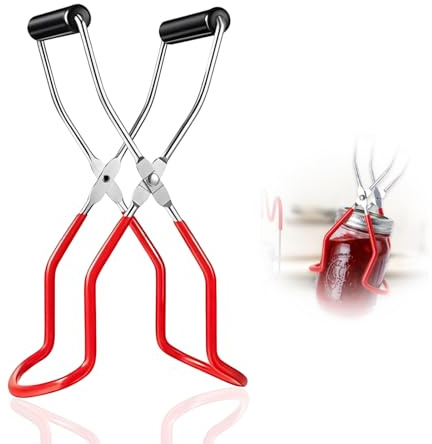Stainless Steel Jar Lifter for Canning - Anti-Slip Canning Tongs with Grip Handle - Essential Jam Making Equipment for Sterilising & Safe Hot Jar Handling - Compatible with Kilner Jars (Red)