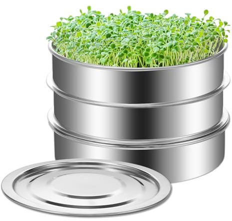 Sprossenturm Edelstahl Sprossenglas Keimglas mit 2 Sprossennetzschale, Stapelbar, Feines Netz Sprossenhaus Dreidimensionale Belüftung Anzuchtschalen für Sojasprossen, Erbsen, Mungobohnen, Sojabohnen