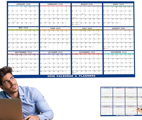 Väggkalender radering - 12 månaders vägg årlig kalender 2026, 24 x 36 tum planeringsschema för studenter lärare kontor whiteboard familj inomhus vänner skola kylskåp