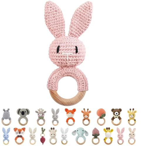I LOVE MOM Greifling Babyrassel Beißring Gehäkelte Holz Häkeln Tiere Greifling Holz Spielzeug mit Sound Baby Geschenk für Neugeborenes Junge und Mädchen Geschenk zur Geburt - Rosa Hase
