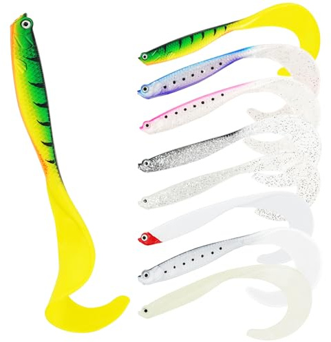 HOTUT Soft Fishing Lures Kit, 8 Easy Catch Pre-Rigged Soft Lures Swimbait, Unique Vibrating Swim Action and Trembly Sinking Move, Curly Tail Perch Imitation Bait for Pike Freshwater Trout Bass Salmon