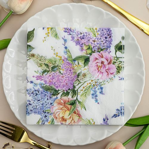 Serviettes en Papier Fleurs Violettes Papier jetable, Serviettes de fête, douces, durables et absorbantes pour cuisine, salle de bain, événements30 Paquet(33x33cm)