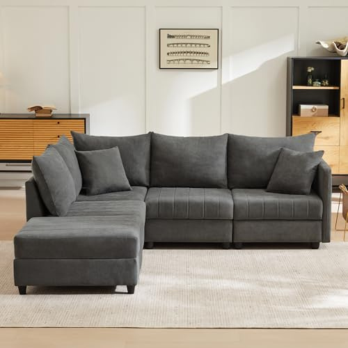 DUlVBPE Modern hörnsoffa med vertikala ränder, modulär soffa, 5-sitsig soffa, med konverterbar fotpall, L-formad soffa, U-formad soffa, lämplig för vardagsrum, lägenhet etc.