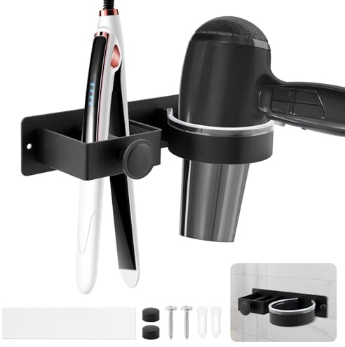Hair Dryer Holder Wall Mounted, Hair Straightener Holder, Blow Dryer Hold-er, Hai-r Dry-er and Straightener Hold-er for Bathroom Vanity Barber Shop(Color:Black)