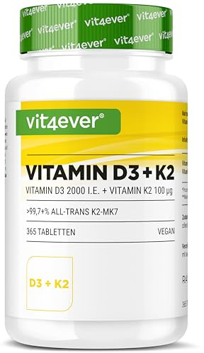 vit4ever Vitamine D3 + K2-365 Comprimés - 99,7% d'All-Trans MK-7 et 2000 UI de Vitamine D3 - Matière Première Haut de Gamme RAW D3® - Hautement Dosée, Biodisponibilité Optimale, Végétalienne
