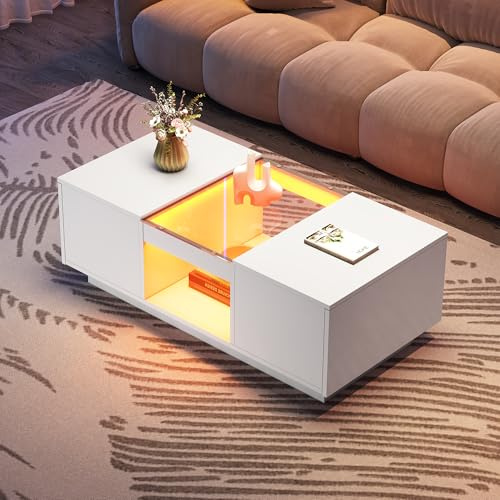 Mesa de Centro Con Tablero de Partículas, Iluminación LED con Control por App, 2 Cajones y 1 Compartimento Abierto, Mesa Auxiliar, Adecuada para Salón y Sala de Estar, Blanca, 100x50x35.5cm