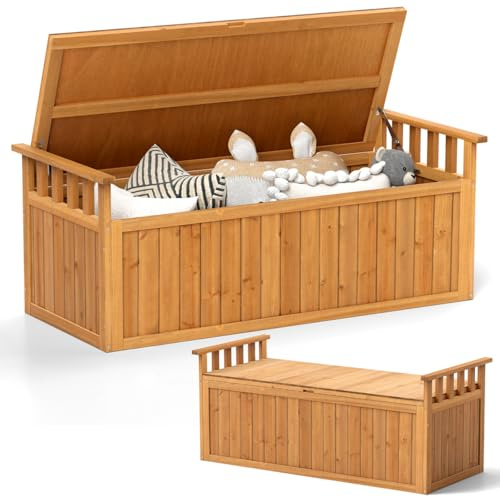 COSTWAY 209L Garden Storage Box, 3-in-1 Weather Resistant Wooden Deck Box Chest with Armrests & Grooved Handle, Outdoor Patio Storage Bench Table for Cushion Tool Toy