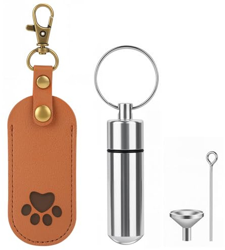 Portachiavi Commemorativo per Ceneri di Cane, Portachiavi in Pelle per Peli di Gatto, Chiusura a Pressione, Mini ricordo Animale Domestico, Imbuto Incluso, Souvenir per Cani defunti (Marrone)