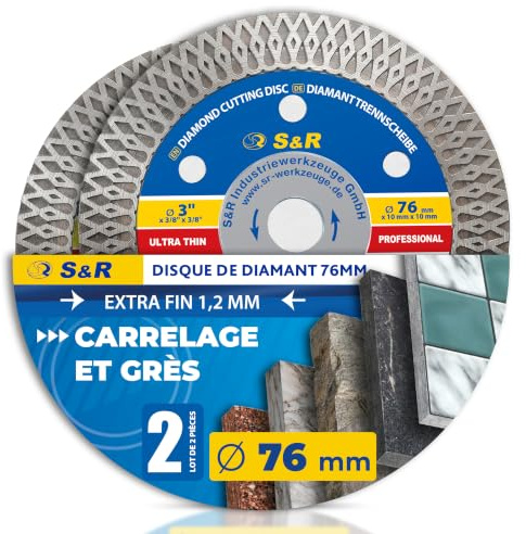 S&R Disco Diamantato Gres 76 mm Ultra Sottile 1,2 mm. Set 2 Pz Dischi Diamantati Pressato a Caldo. Disco Diamantato 76mm per Taglio Gres Porcellanato Ceramica Marmo Granito