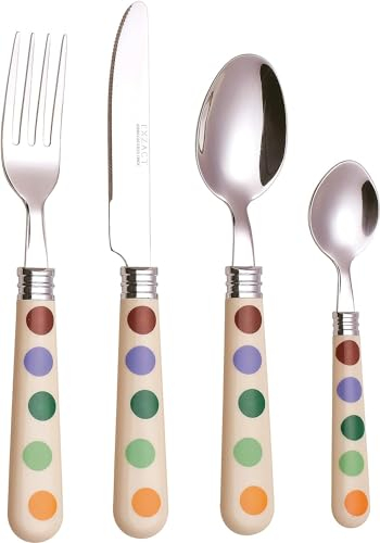 Exzact 16pcs Cutlery Polka Dots Stainless Steel - Dishwasher Safe - Dinner Knife x 4, Dinner Fork x 4, Table Spoon x 4, Tea Spoon x 4, Service for 4 - Mirror Polished