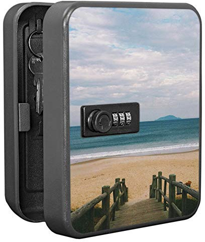 banjado Burg-Wächter Schlüsselkasten abschließbar für 20 Schlüssel/Schlüsselbox mit Zahlenschloss 16x20x8cm groß/Schlüsselaufbewahrung aus Stahlblech schwarz/Motiv Zum Strand