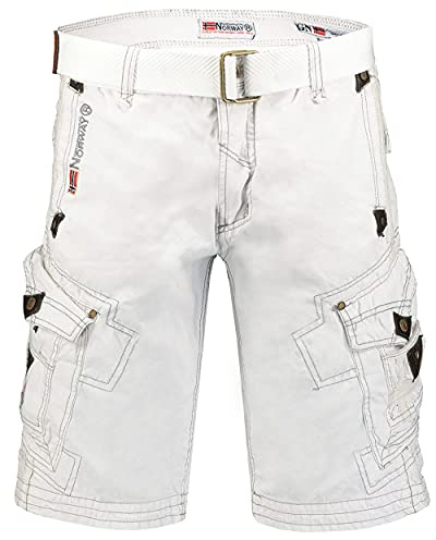 Geographical Norway Panoramique Bermudashorts för män, herrshorts i bomull, sportiga cargoshorts, korta, med ett bälte, normalt snitt, perfekt present, lämpliga för vår och sommar, Vit, L