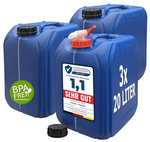 plasteo® 3 bidones de agua para bebidas de 20 litros con 1 grifo y 3 tapas de rosca (DIN 61), apto para alimentos, sin BPA, portátil, para interior y exterior, color azul | Bidón azul de HDPE, DIN 61, fabricado en Alemania, apilable, con 3 tapas de rosca