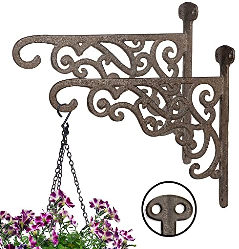 Set of 2 Hanging Basket Brackets Cast Iron Wall Hooks (Brown Scrolled) | Vintage Style, Garden Decor, Heavy Duty, Recycled Metal, Plant Hanger Hooks, Wall Mounted