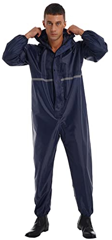 inlzdz Herren Overall Wasserdichter Regenoverall Regenmantel Reflective Reinigungsoverall mit Reißverschluss Langarm Hooded Raincoat Arbeitskleidung Dunkelblau XL