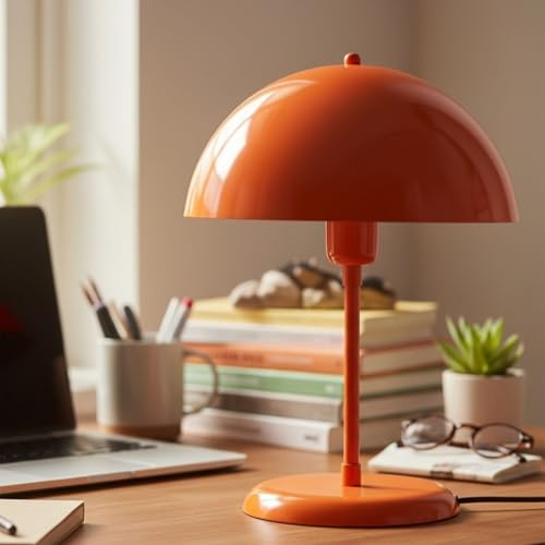 bamyum Lipeo Pilz Lampe Orange, Tischleuchte mit Kabel, Pilz Lampe Metall Ø26cm Nachttischlampe, Tischlampe Retro, Table Lamp, Pilzlampen Wohnzimmer