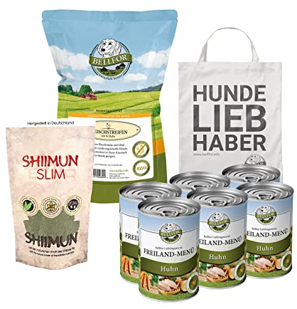 Bellfor Futterset für kleine, ernährungssensible Hunde – Freiland-Menü Nassfutter 6×400 g + Huhn-Kausnacks 100 g + Shiimun Slim 50 g + Jutebeutel