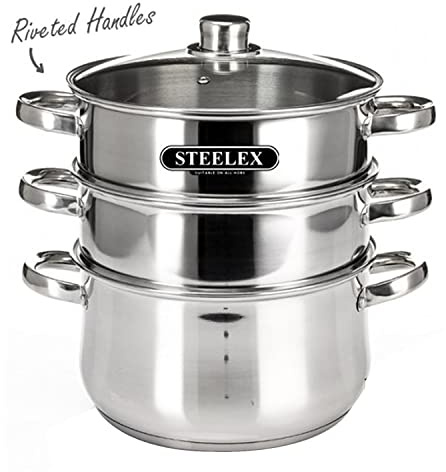 Induction Pot steelex -Tier Steamer Stainless Steel Stock Induction Safe cookware Large pan Cooking Saucepan lid Litre pots Soup Big hob stockpot