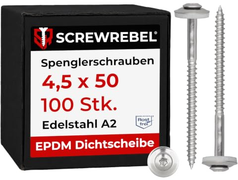 100 Stück SCREW REBEL Spenglerschrauben 4,5 x 50 mm - Edelstahl A2, Inox mit EPDM-Dichtscheibe Ø15mm TX 20