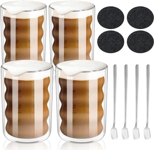 GARPROVM Vasos de café latte macchiato, 4 x 350ml tazas de cristal de doble pared, tazas de café capuchino espresso té, vasos térmicos de cristal, 4 cucharas + 4 posavasos
