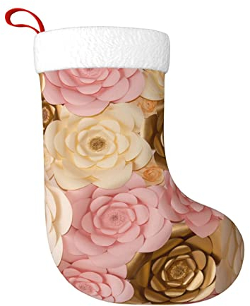 TRESILA Personalisierbarer Weihnachtsstrumpf Nikolausstrümpfe, Geschenktüten, Süßigkeitenbeutel, Weihnachtsbaum-Hängende für Weihnachten, Feiertagsparty – Rosa Weiß Gold Blumen