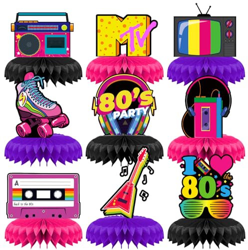 INRUI 9 Pieces 80s Party Honeycomb Centrepieces Back to 80s Themed Birthday Party Decorations Retro 1980s Hip Hop Party Table Toppers Supplies