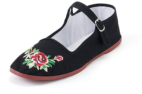 amtax chaussures plates classiques chinoises pour femme, chaussures décontractées pour poupée, en coton, tai-chi chinoises (fleur noire, système de taille britannique)