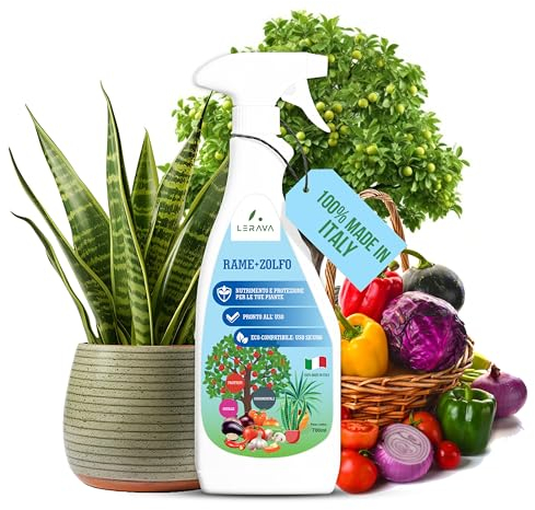 LERAVA Rame e Zolfo Spray (2x700ml) - Fungicida rameico naturale per piante contro Oidio, Peronospora e macchie brune -Concime con rame, ferro, Manganese e zinco - Ideale per orto, frutteto e giardino