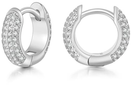 JewelryWe Schmuck Creolen Edelstahl Zirkonia Kreolen Klappcreolen Huggie Ohrringe für Damen Herren 13MM, Schwarz Gold Rosegold Silber