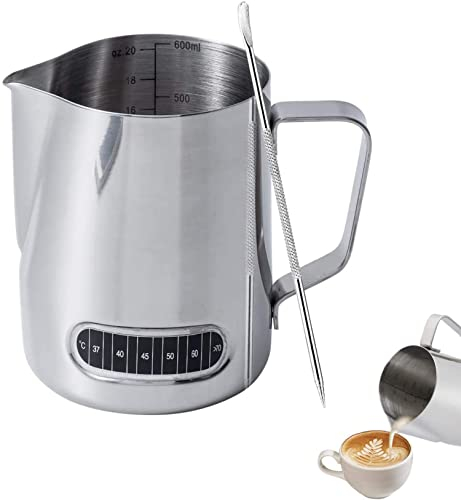 HUIHHAO Milchkännchen mit Thermometer, 600-ml-Milchschaumkrug aus Edelstahl und Latte Art-Stift for Kaffee zur Zubereitung von Latte-Kaffee-Cappuccino, Milchschaumkrug aus Edelstahl