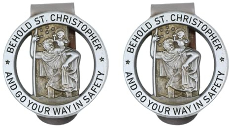Sarini 2 Stück Christophorus-Medaille für Auto, Heiliger Christophorus-Visierclip, runder Christophorus-Medaillen-Abzeichenclip, Christus-Anhänger, Lesezeichen,Bless-Fahrsicherheitsclip